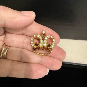 Vintage Crown Brooch Pin Brown & Clear Rhinestone GoldTone Faux Diamond